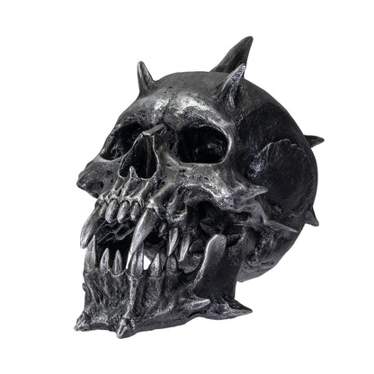Perspective view of skull statue showing aggressive design and texture
