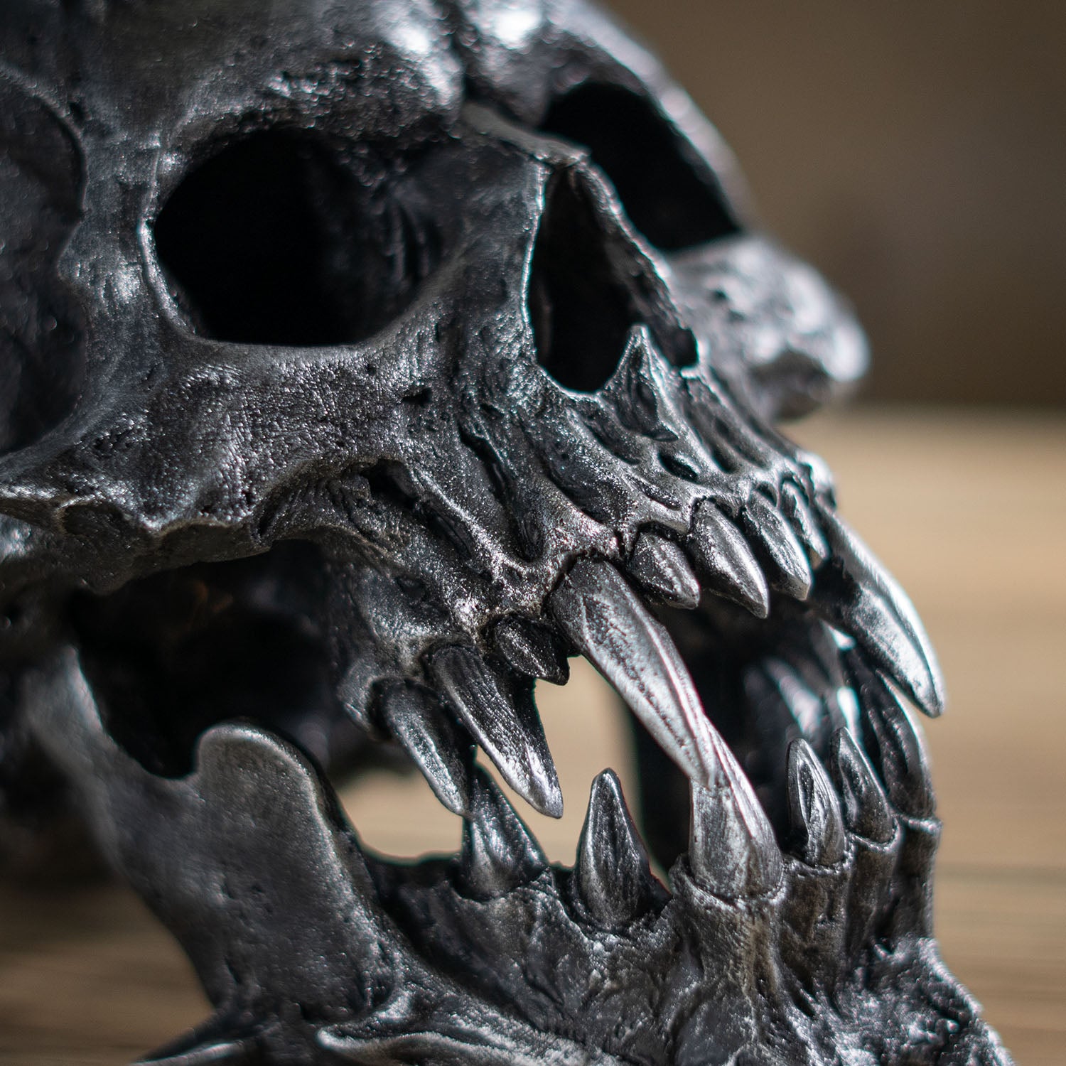 Close up of skull teeth and jaw with sharp fangs and rugged finish
