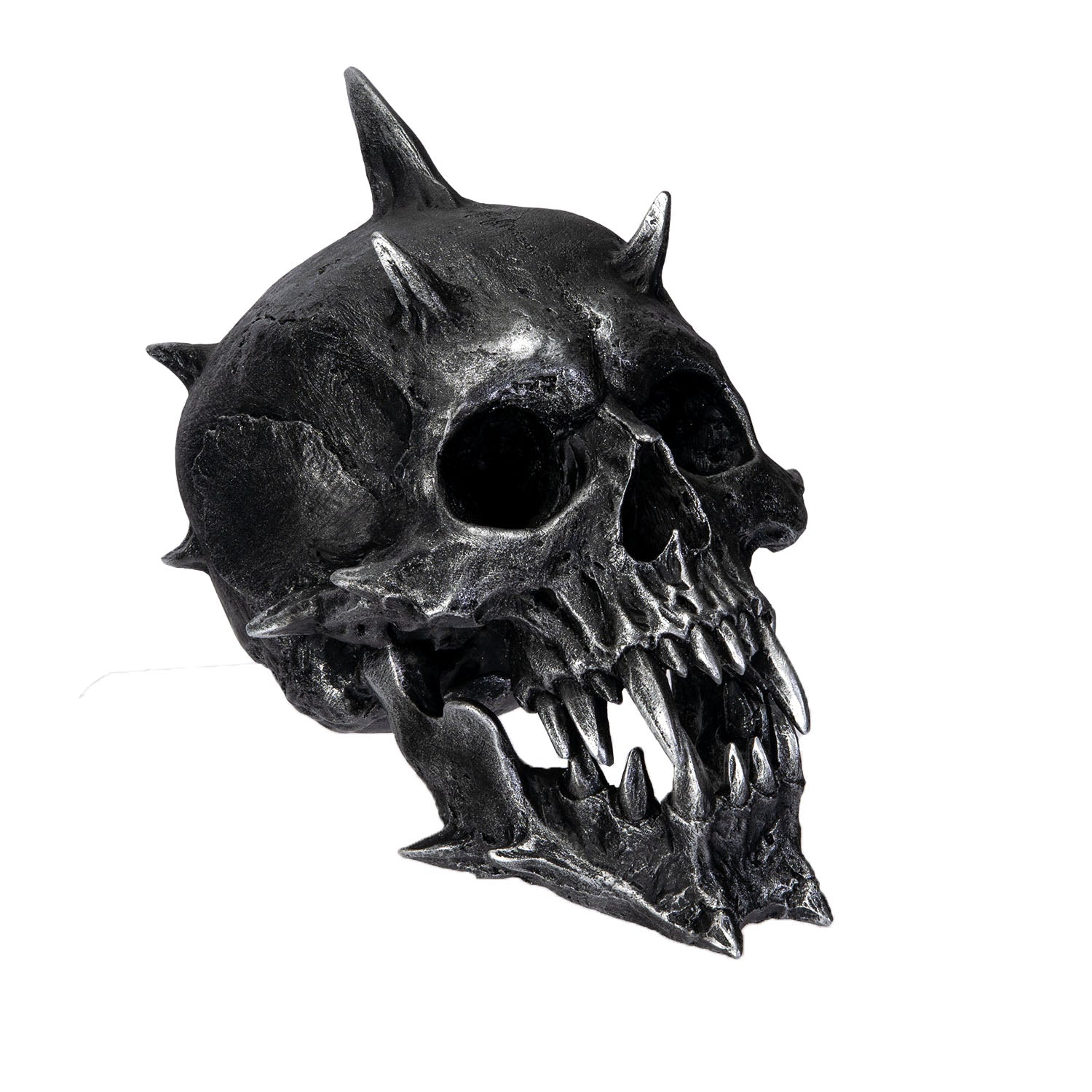 Side view of gothic skull highlighting horn structure and jaw detail
