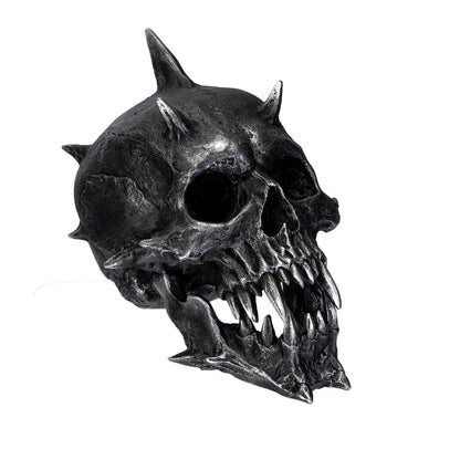 Side view of gothic skull highlighting horn structure and jaw detail
