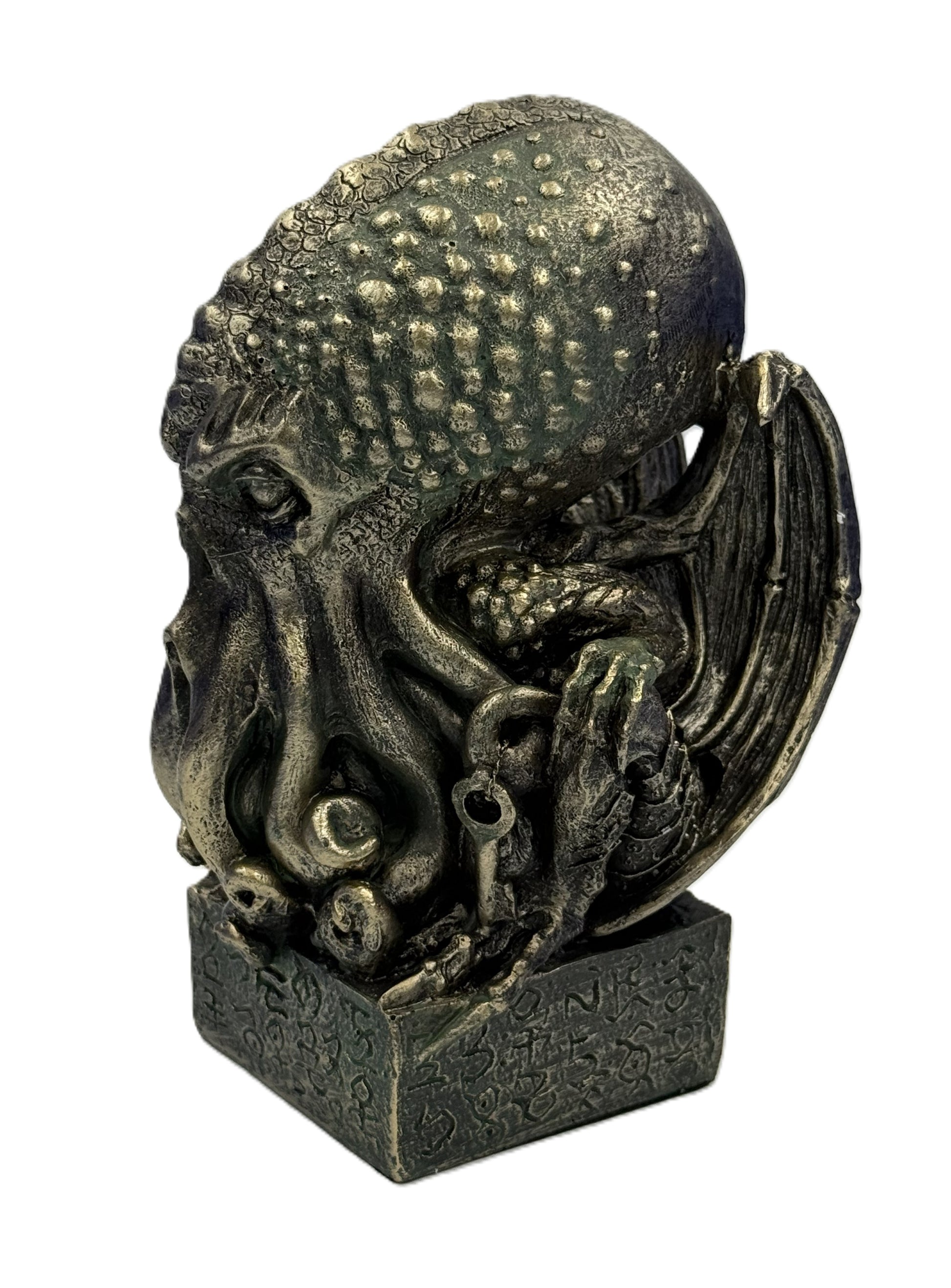 Front left view of Cthulhu figurine showing detailed tentacles wings and textured bronze finish on engraved base
