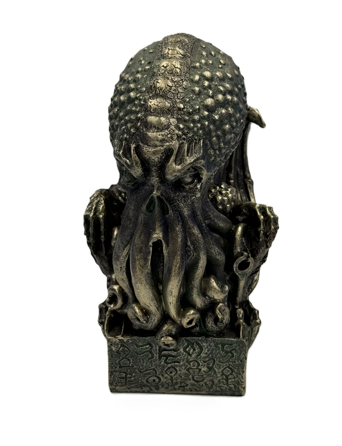 Front view of Cthulhu cold cast bronze statue with tentacle face wings and ancient engraved base lovecraft horror decor
