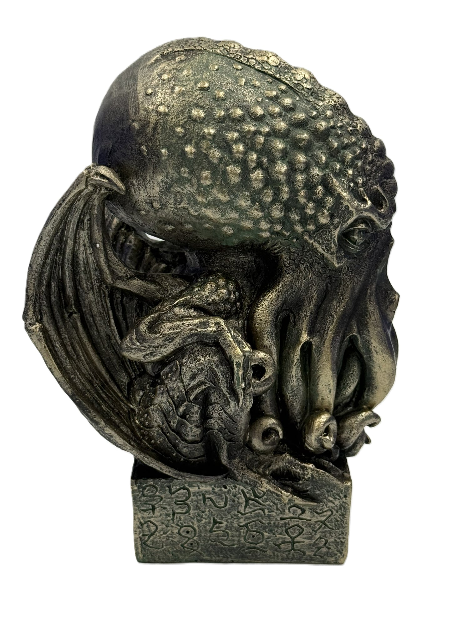 Right side view of Cthulhu figurine showing curled tentacles wings and sculpted horror detailing in bronze finish
