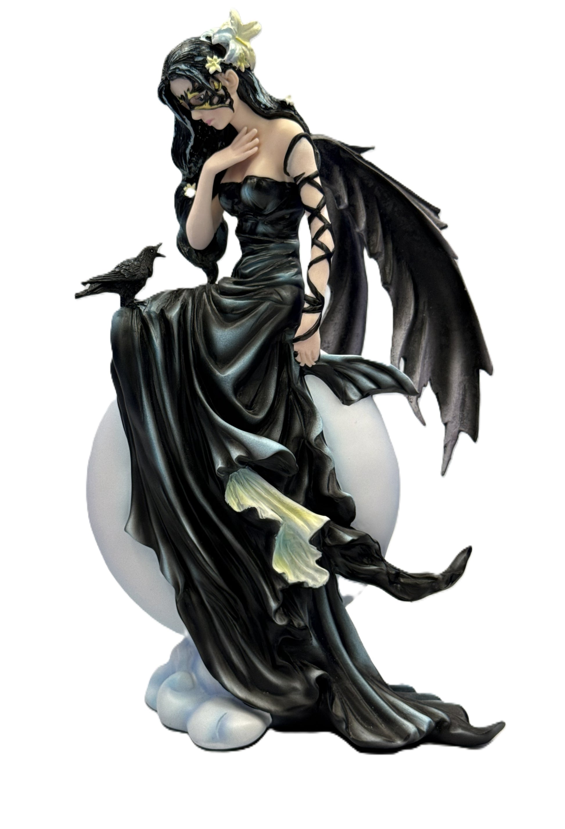 Front view of Dark Skies fairy statue by Nene Thomas featuring gothic angel with black dress, raven, and wings sitting on orb

