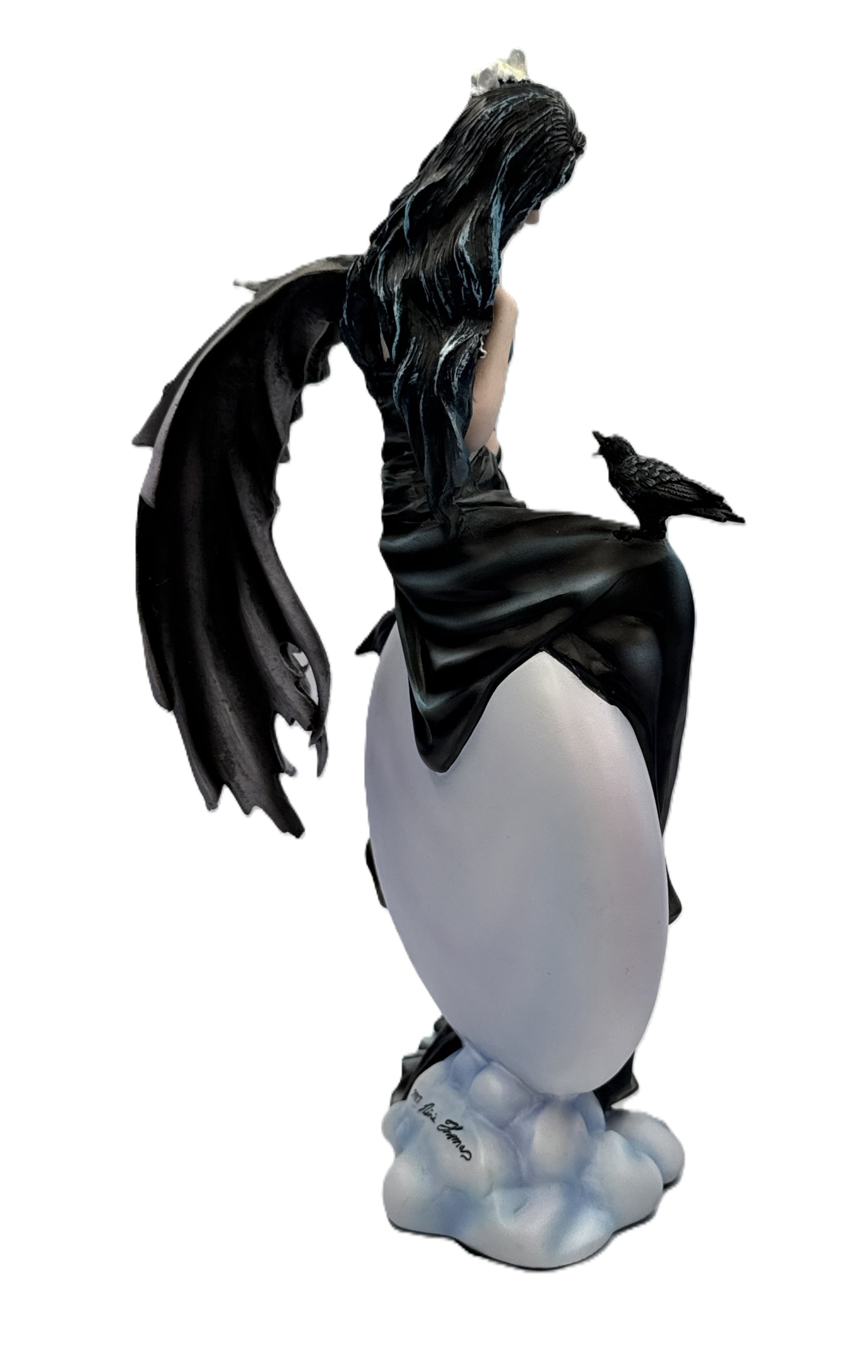 Right side view of fairy statue with raven companion and detailed gothic styling
