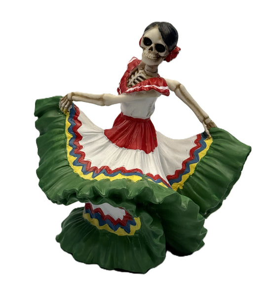 Front view of Day of the Dead dancing señorita skeleton figurine in green, white and red dress resin statue
