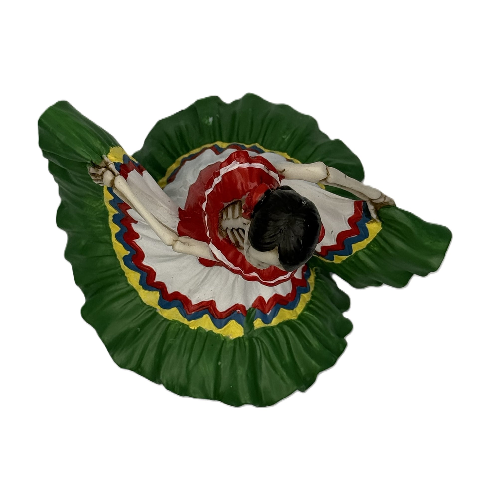 Top view of Day of the Dead dancing señorita figurine highlighting dress shape and vibrant colors resin statue
