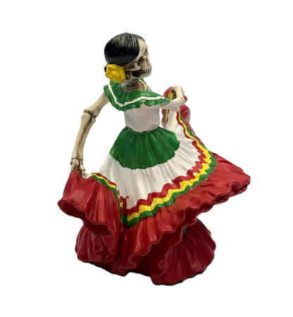 Angled view of dancing skeleton señorita statue with colorful layered dress and dynamic pose resin
