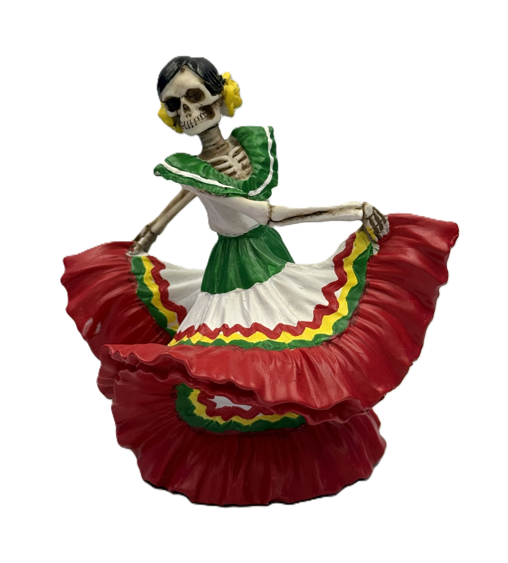 Front view of Day of the Dead dancing señorita skeleton figurine in red, green and white dress resin statue
