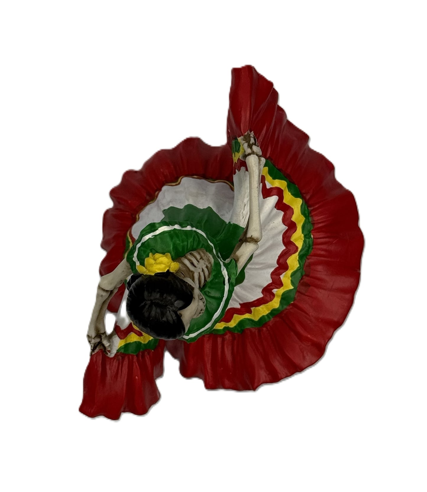 Top view of Day of the Dead dancing señorita figurine showing dress shape and movement resin statue
