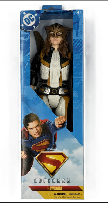 Front view of DC Hawkgirl action figure in Superman movie series packaging with window display and branding
