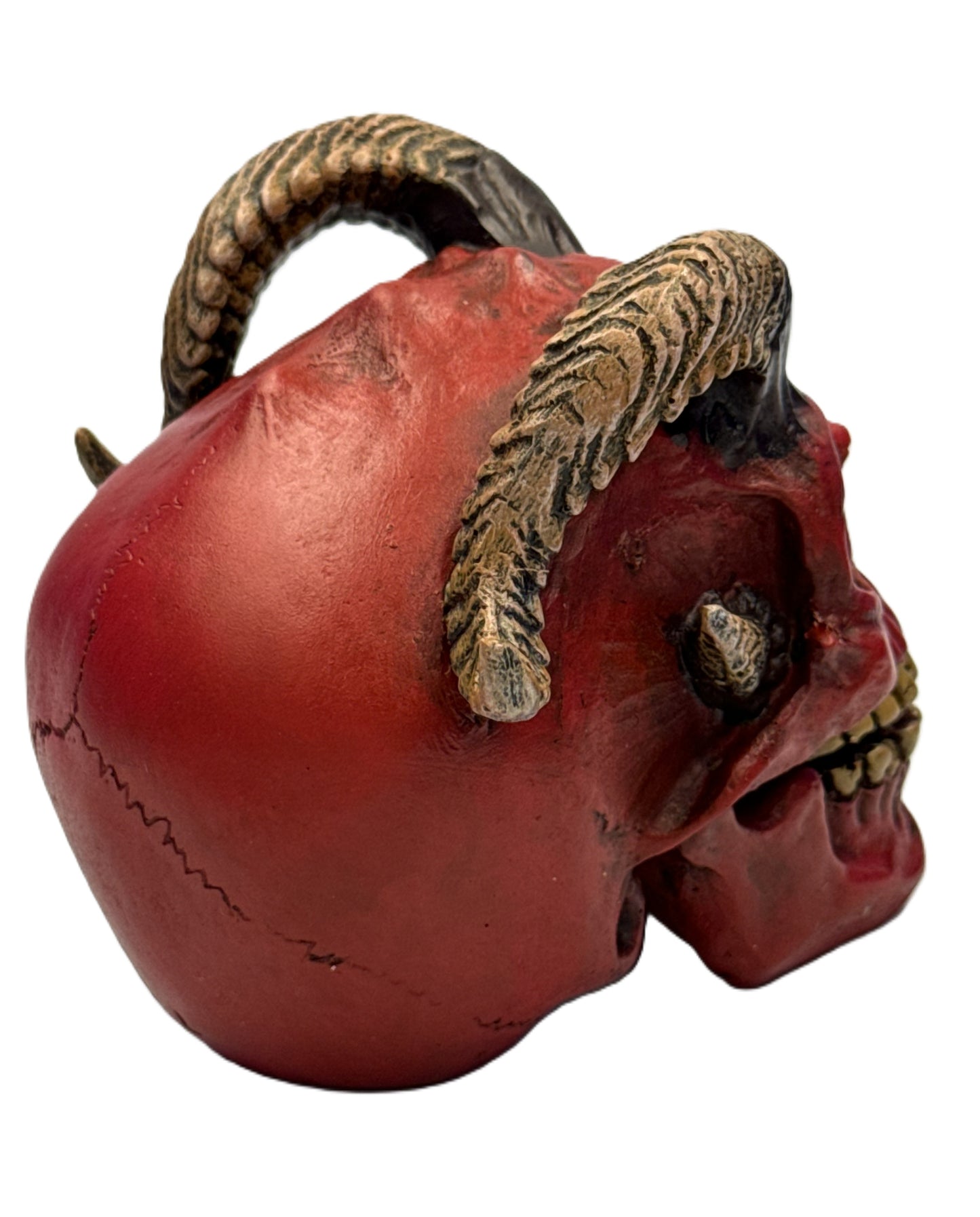 Rear right angled view of gothic demon skull with textured horns and distressed red finish
