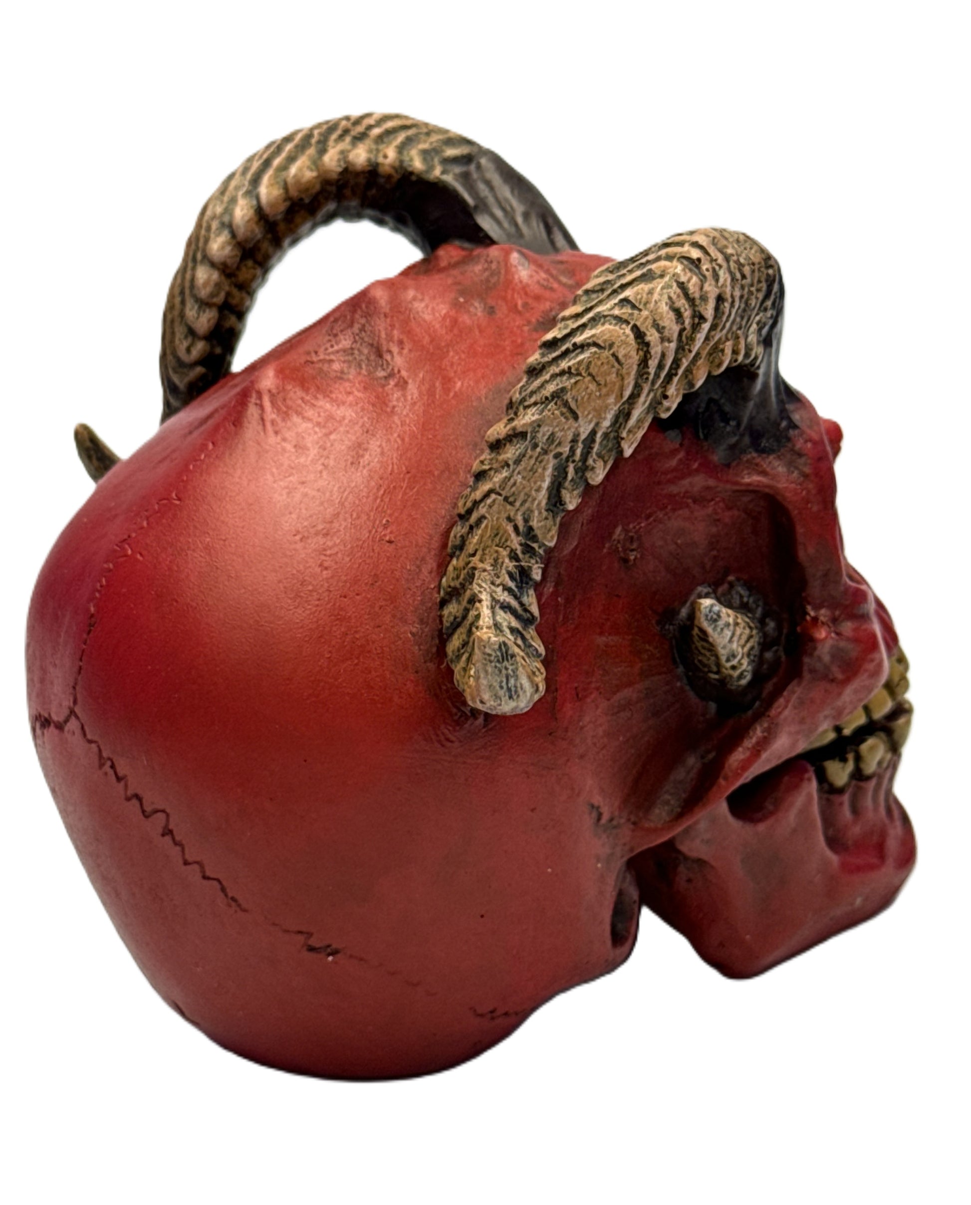 Rear right angled view of gothic demon skull with textured horns and distressed red finish
