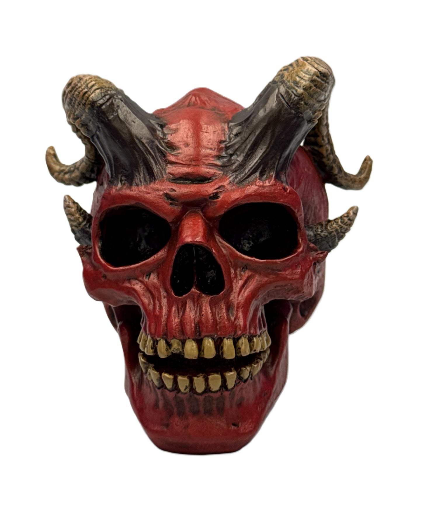 Front view of horned demon skull statue with hollow eyes and realistic teeth details in gothic decor style
