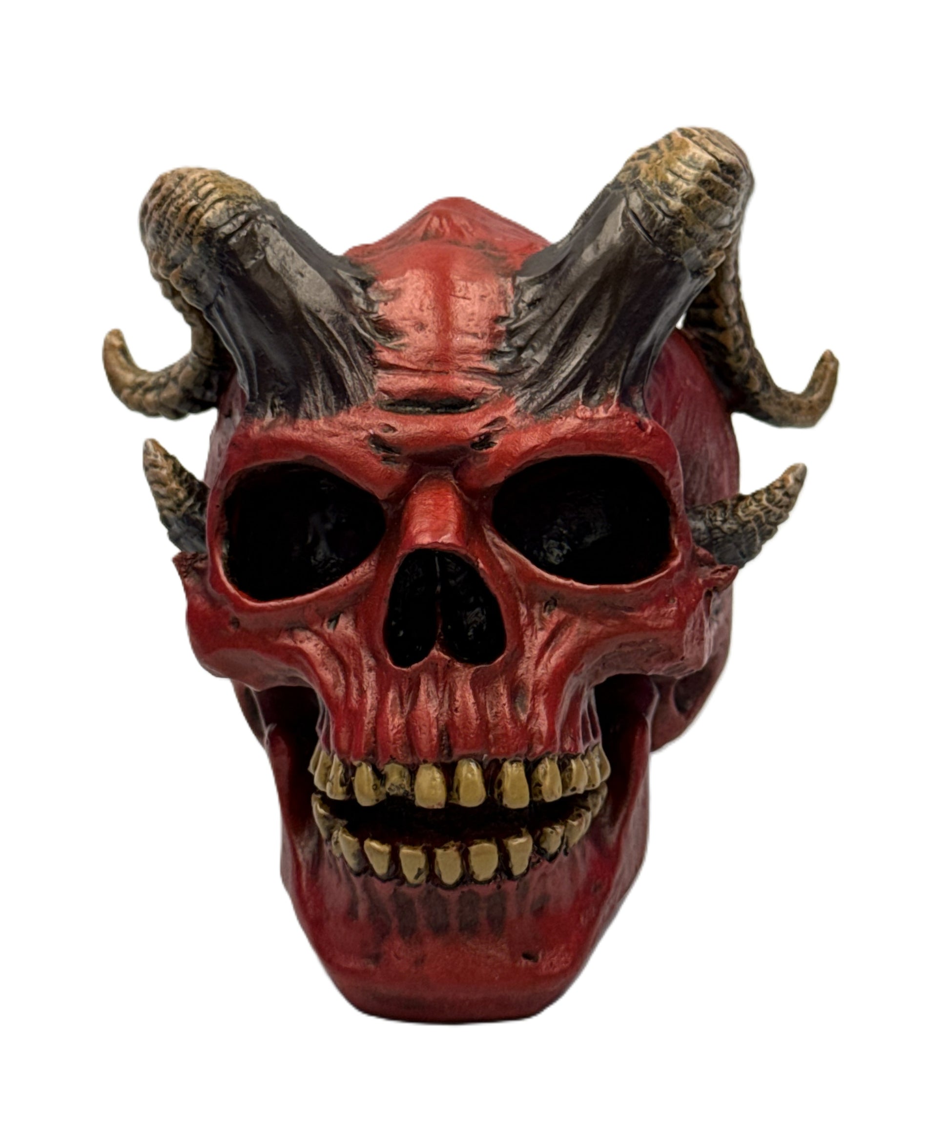 Front view of horned demon skull statue with hollow eyes and realistic teeth details in gothic decor style
