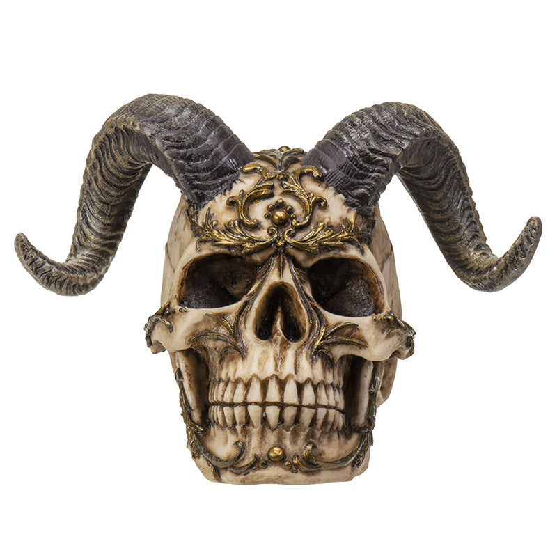 Front view of horned diablo skull with ornate gothic detailing and curved horns
