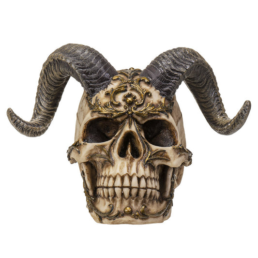 Front view of horned diablo skull with ornate gothic detailing and curved horns
