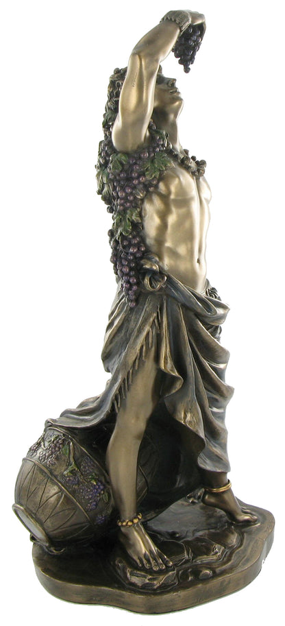Dionysus bronze statue angled view with grapes and wine jug detailed Greek mythology figure
