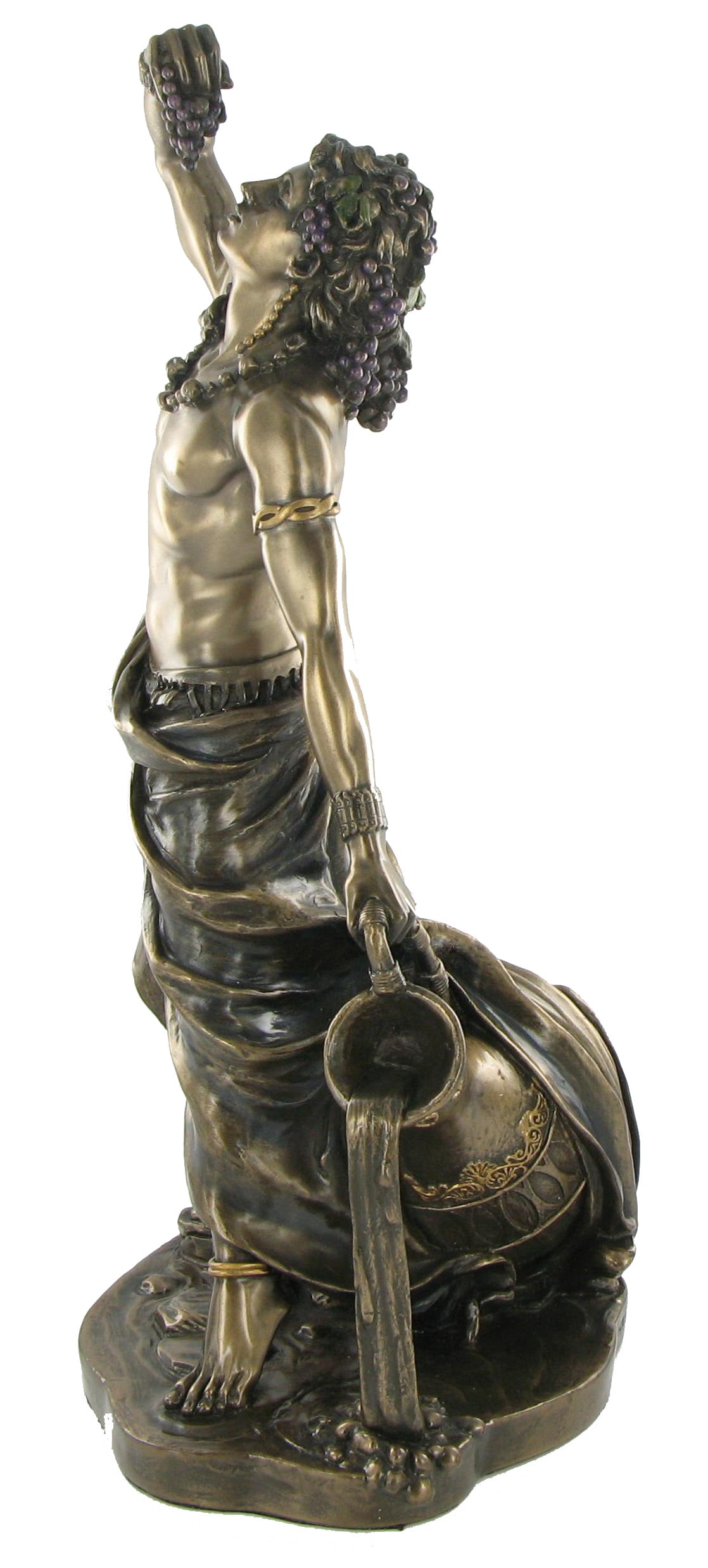 Dionysus bronze statue side view pouring wine from pitcher detailed mythology sculpture