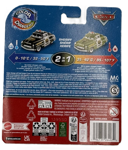 Disney Pixar Cars Sheriff Color Changers back showing color change feature instructions
