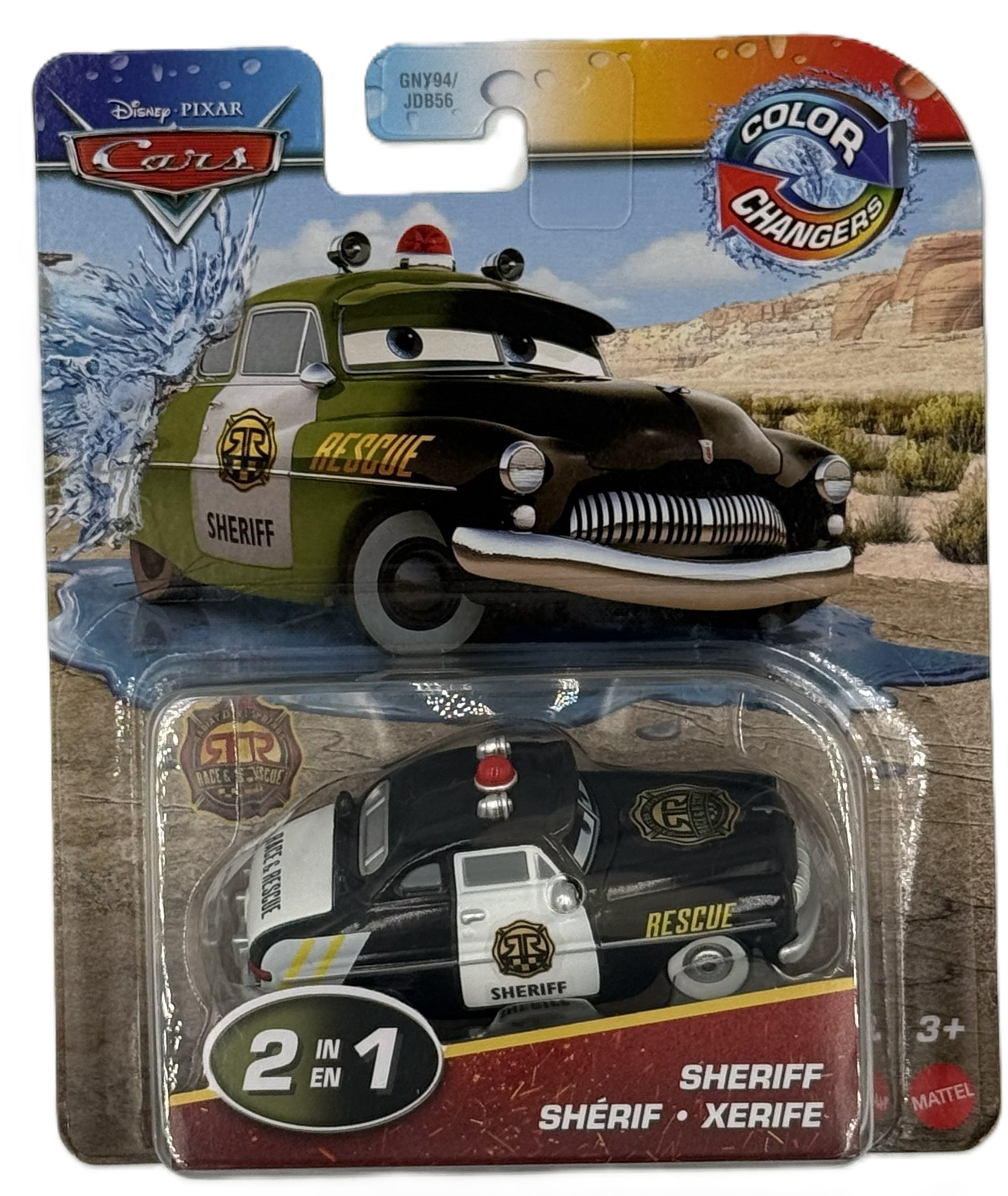 Disney Pixar Cars Sheriff Color Changers front view in packaging
