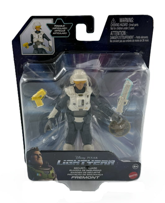 Disney Pixar Lightyear Security Guard Fremont Mattel action figure with Star Command weapon accessories in original packaging.