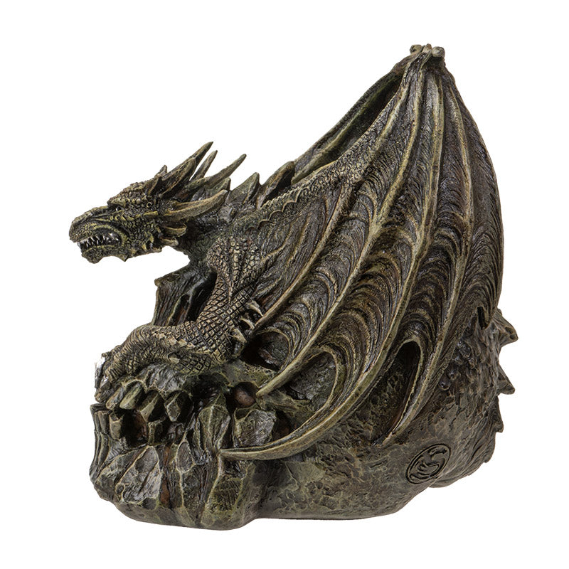 Angled view showcasing depth and layered design of dragon and skull
