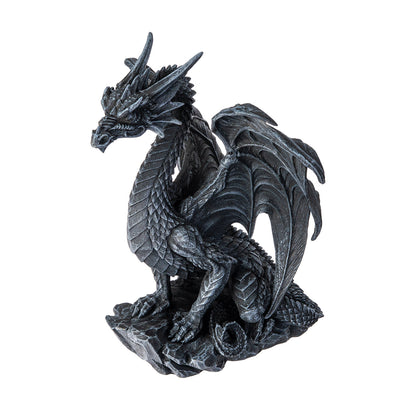 Front angled view of gothic dragon statue with wings and detailed scales

