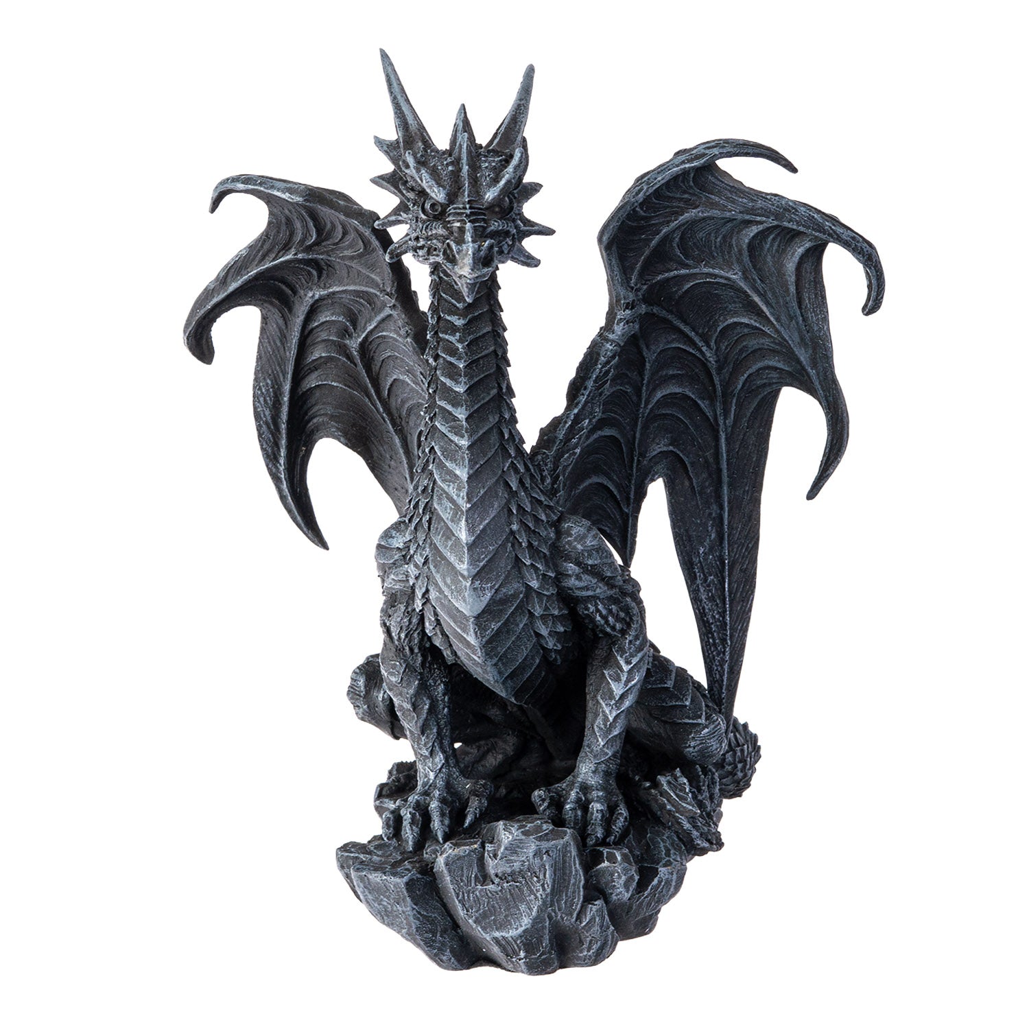 Front view of dragon statue with symmetrical wings and fierce expression
