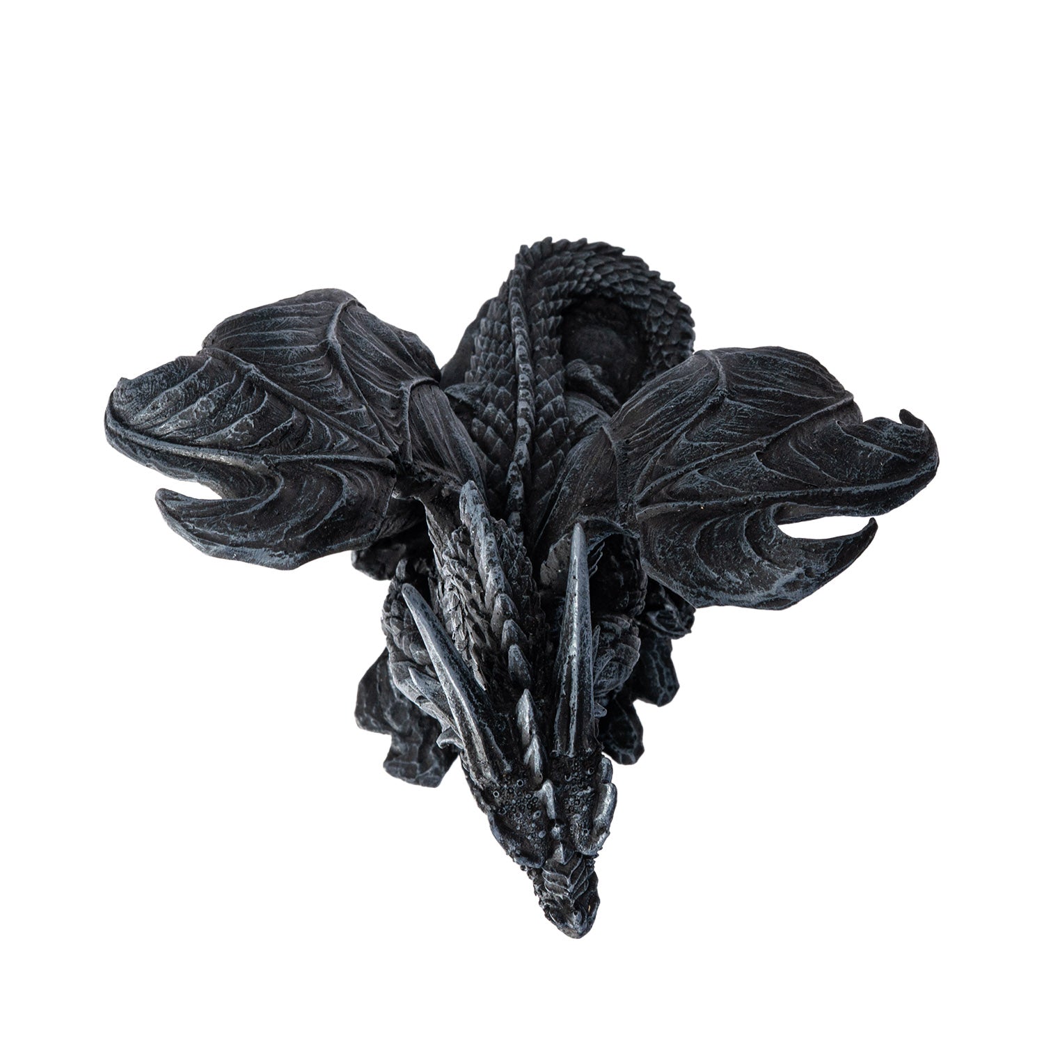 Top view of dragon statue highlighting wing structure and head horns
