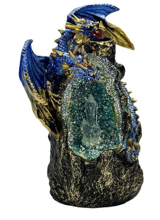Front view of dragon incense burner with crystal cave and detailed blue and gold dragon
