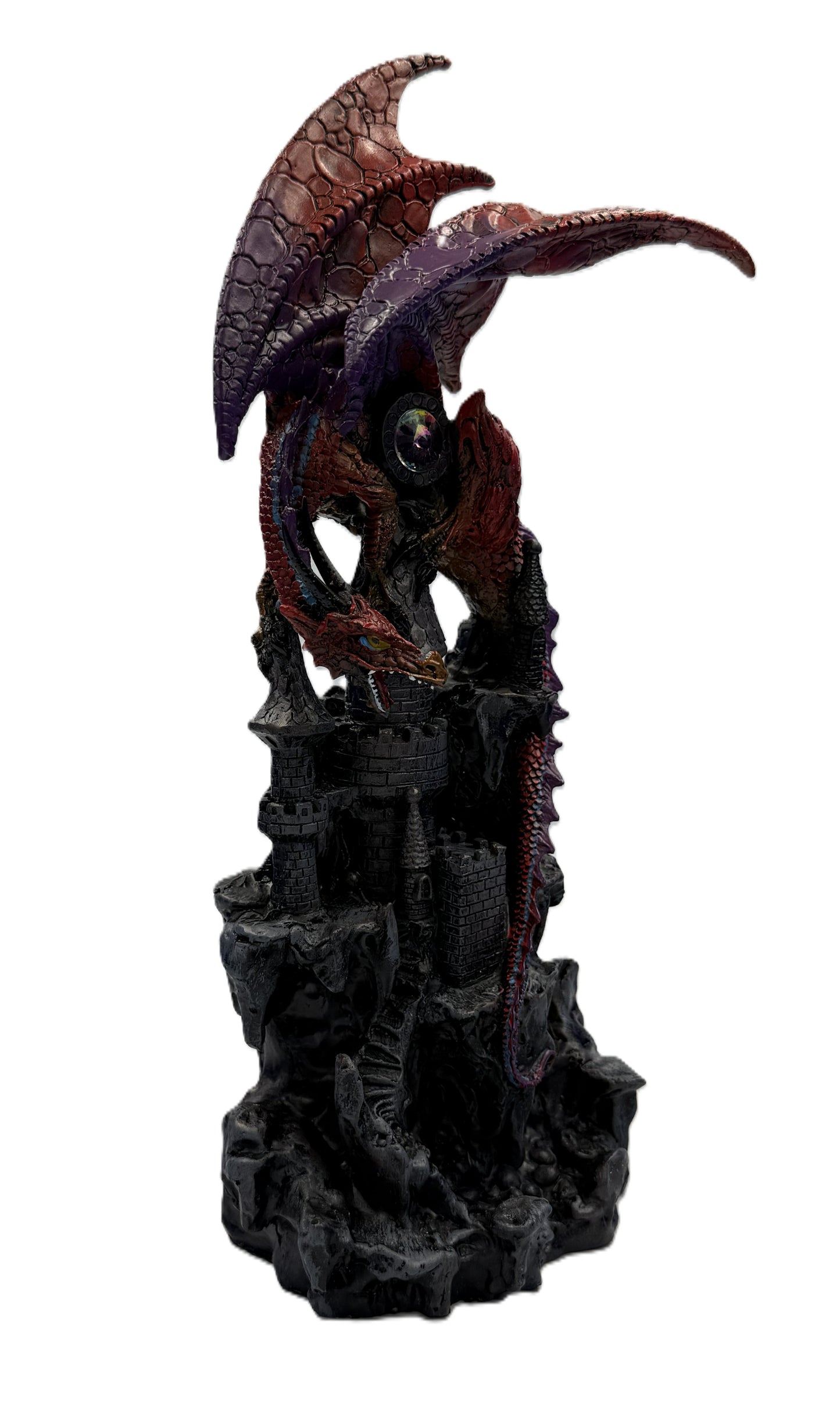 Front angled view of dragon statue with wings spread over castle structure in fantasy decor style
