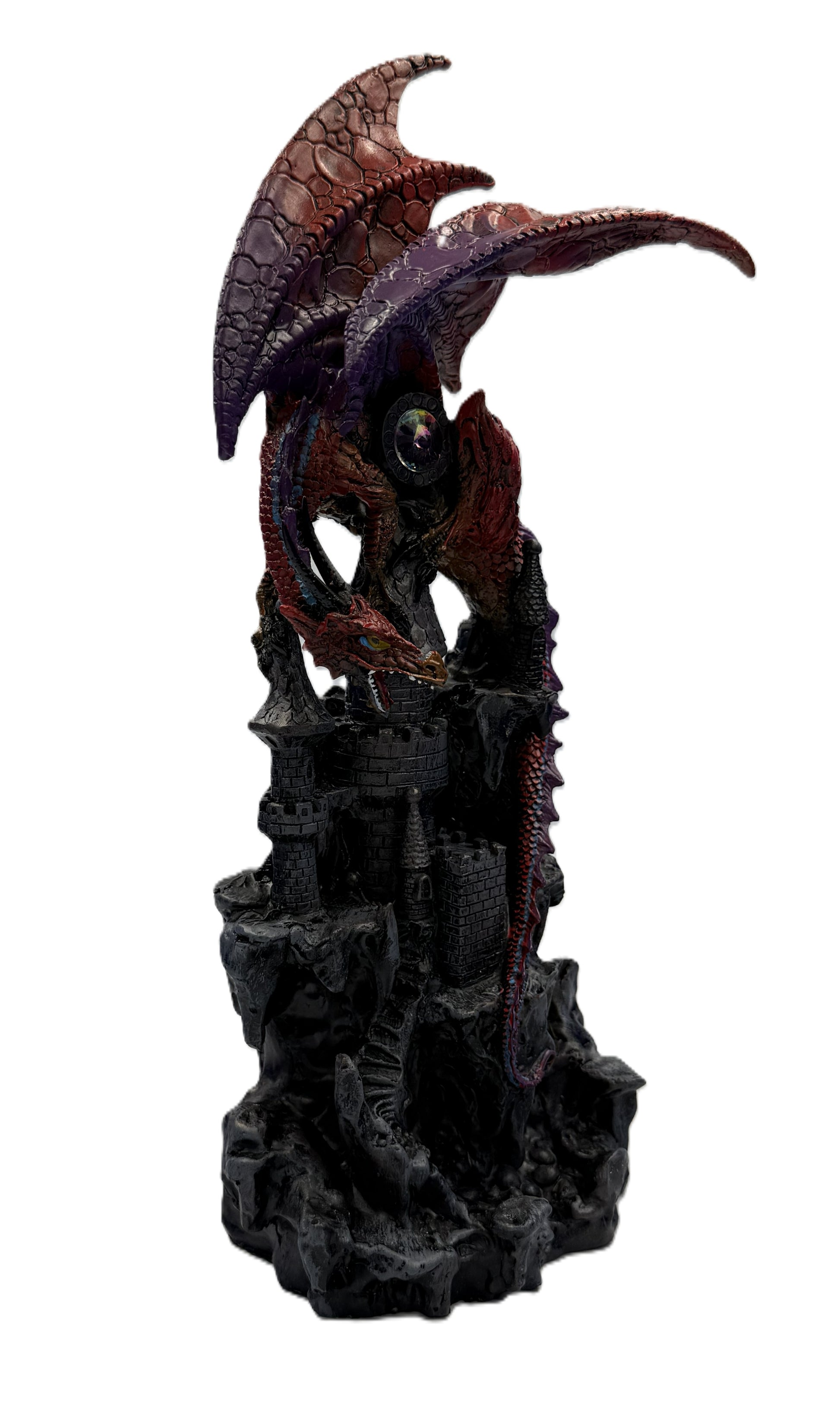 Front angled view of dragon statue with wings spread over castle structure in fantasy decor style
