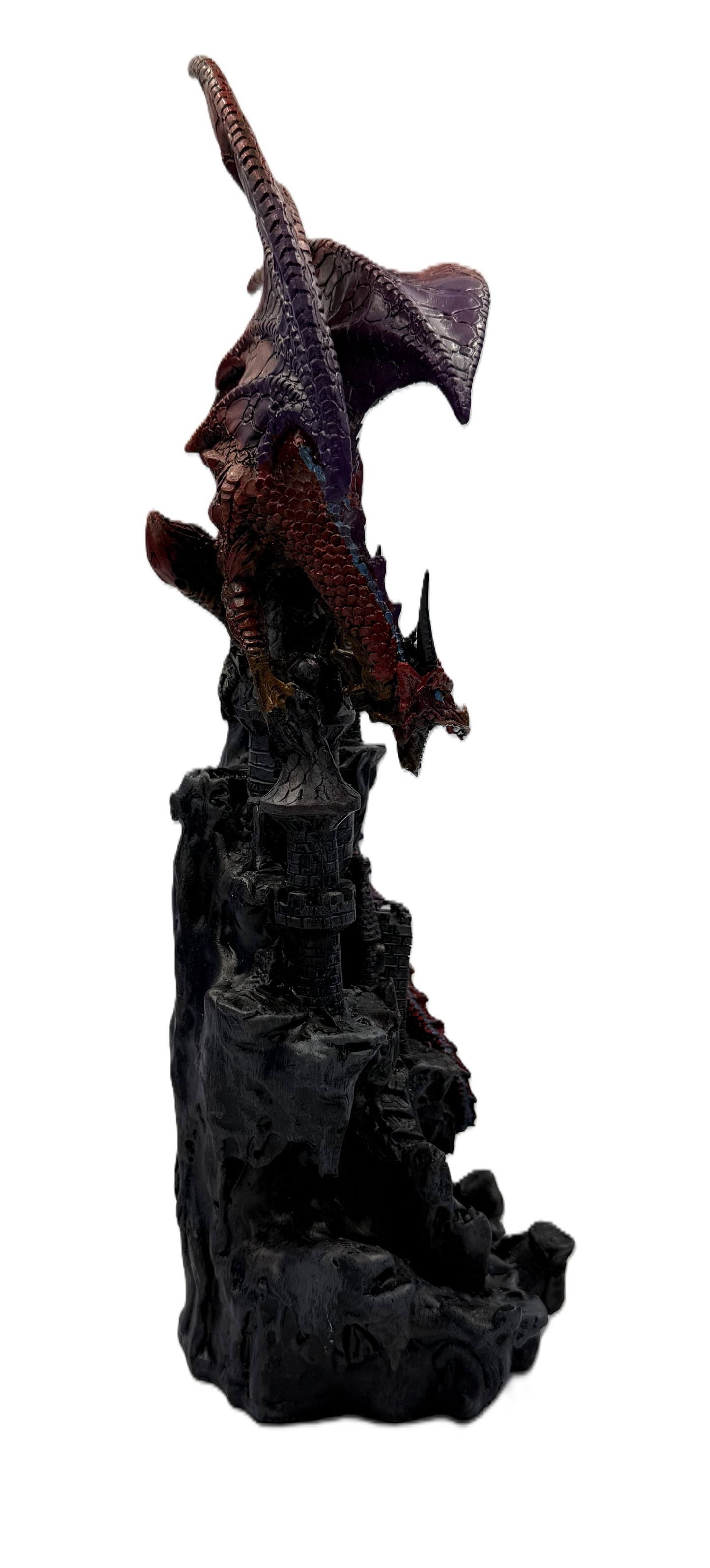 Profile view of red dragon perched on gothic castle tower with intricate scale and stone textures

