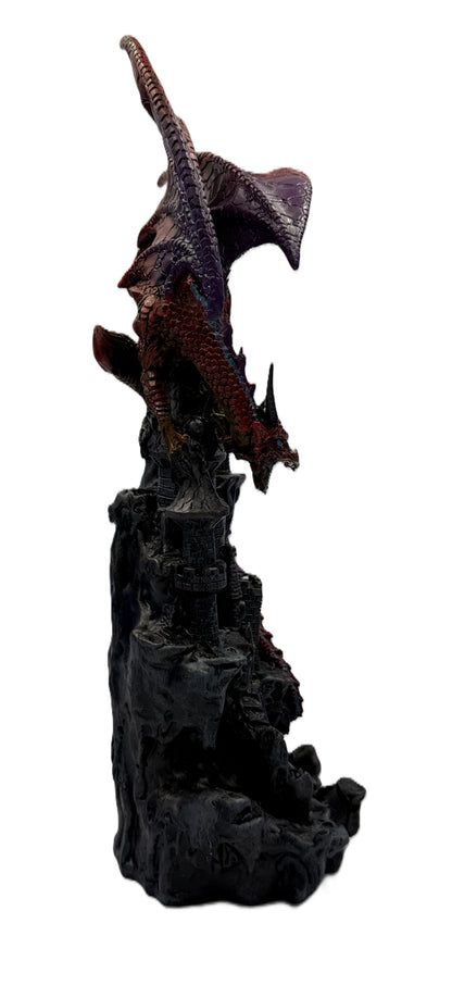 Profile view of red dragon perched on gothic castle tower with intricate scale and stone textures

