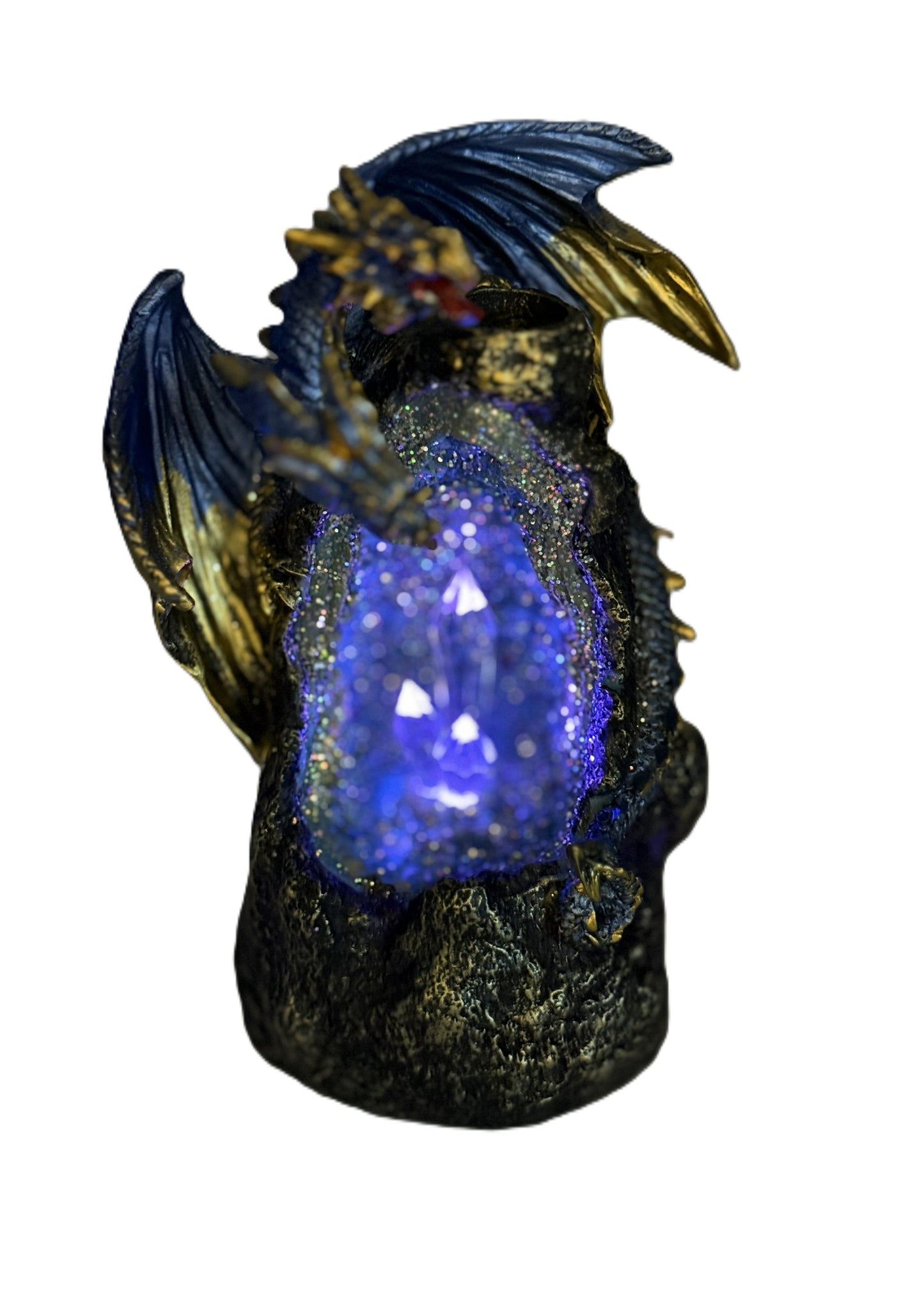 Purple LED lighting effect inside crystal cave of dragon incense burner
