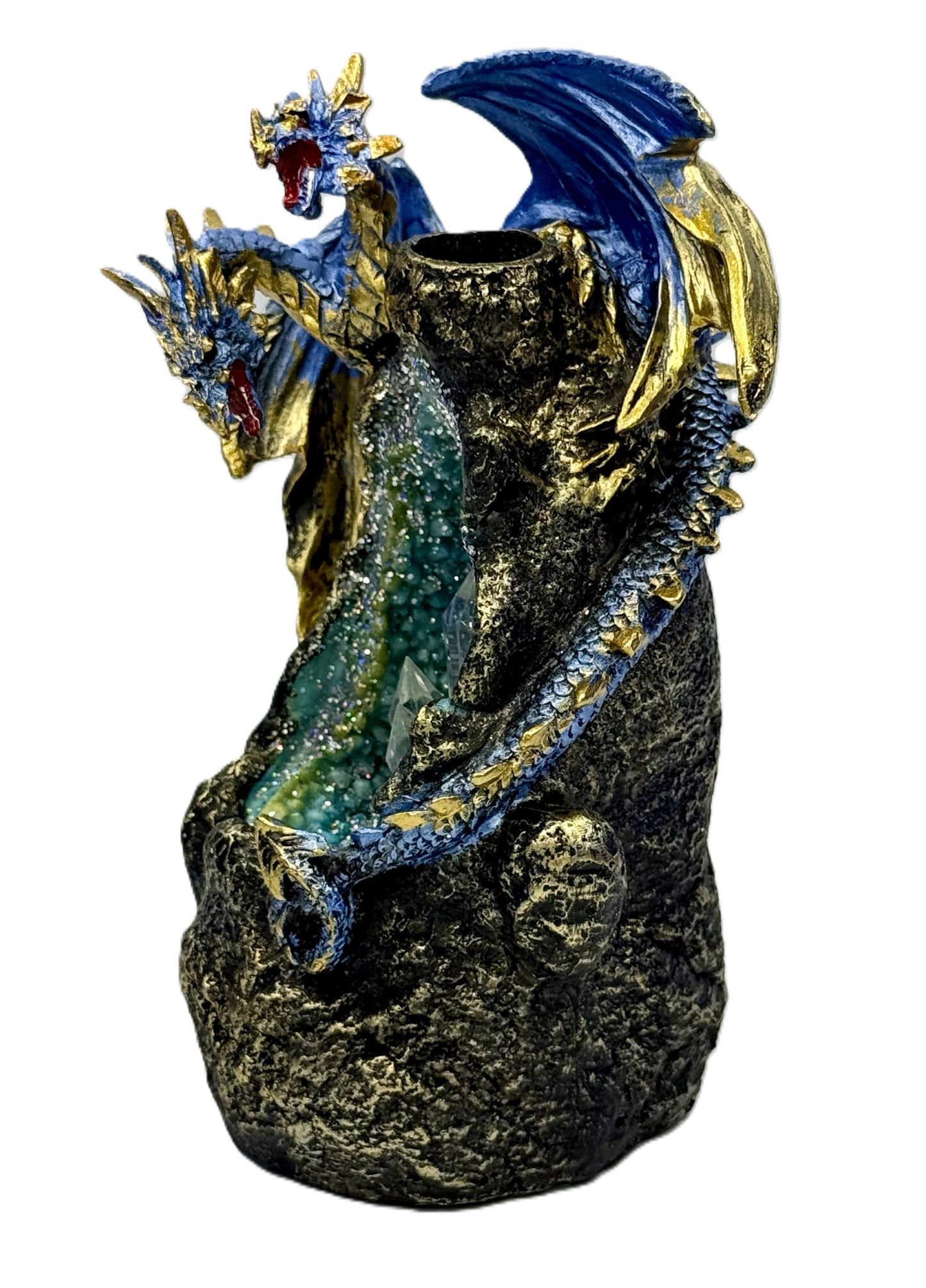 Side angle showing dragon wings and textured rocky base of incense burner
