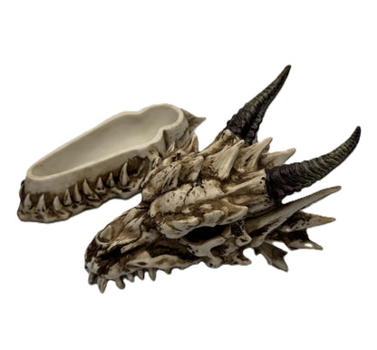 Dragon skull storage box open showing hidden compartment inside the skull top
