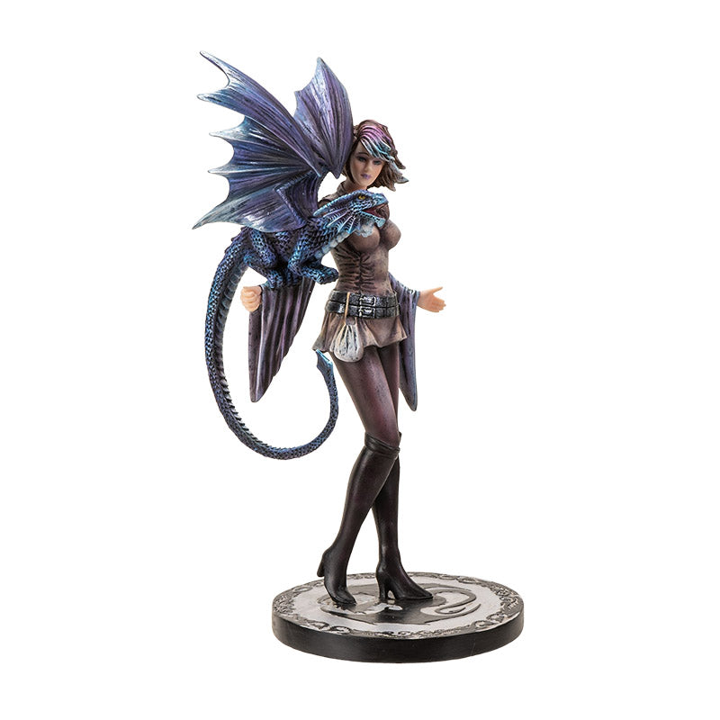 Front view of dragon trainer figurine with dragon perched on shoulder

