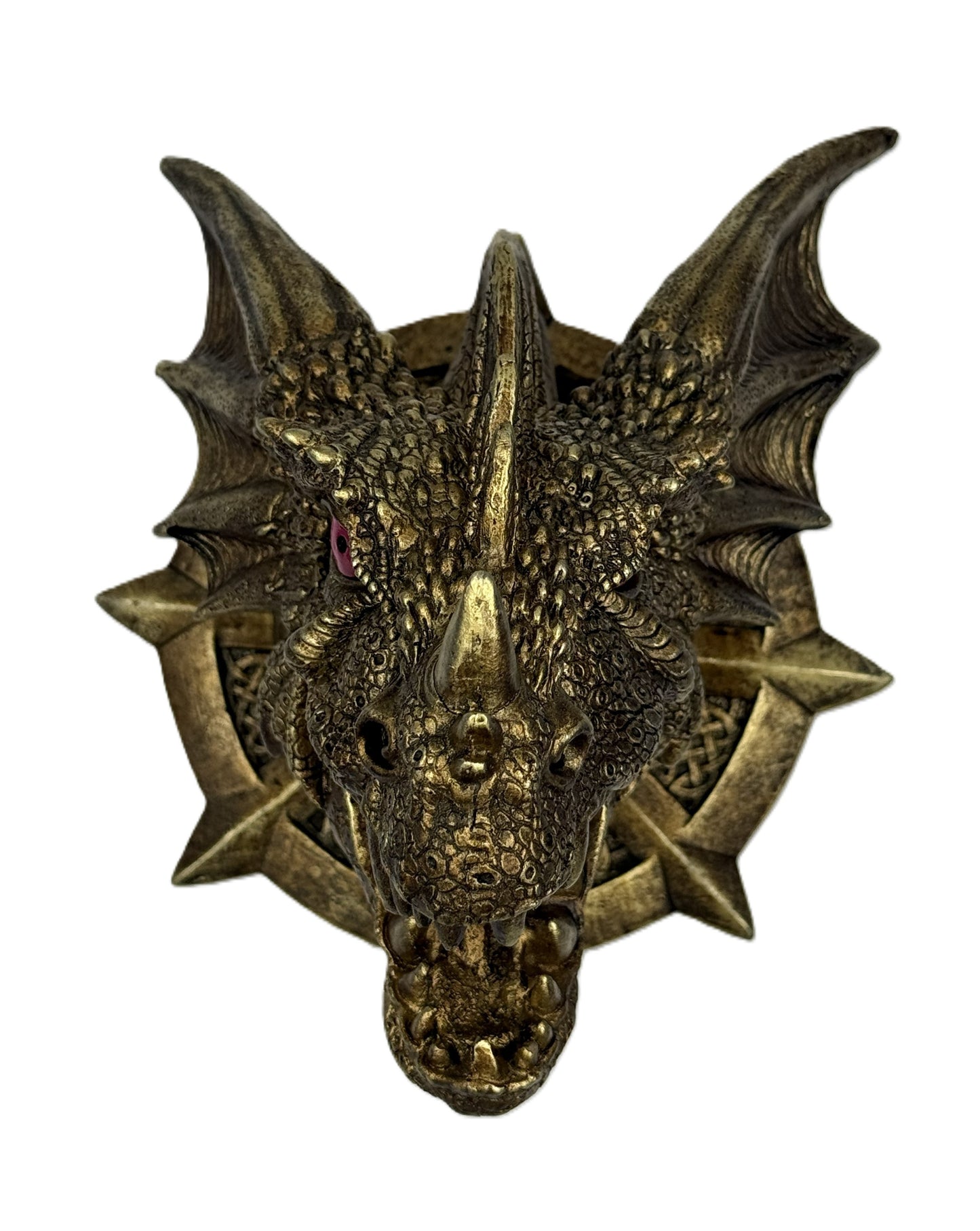 Bronze dragon head sculpture on a white background