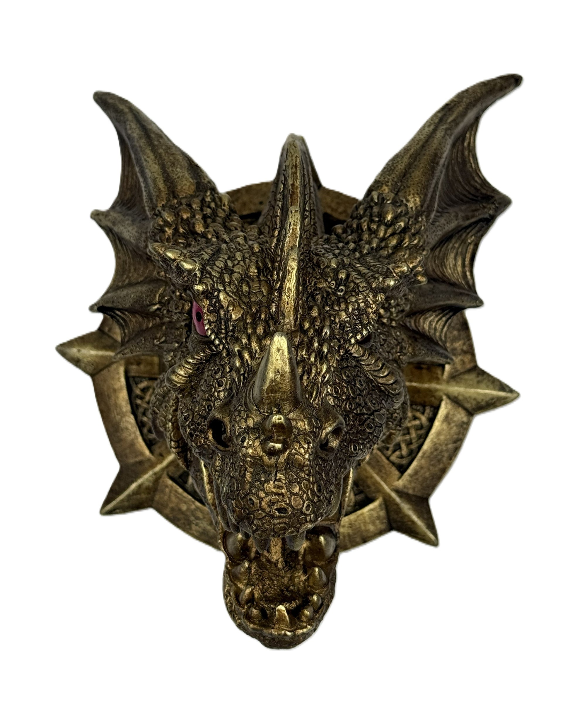 Bronze dragon head sculpture on a white background
