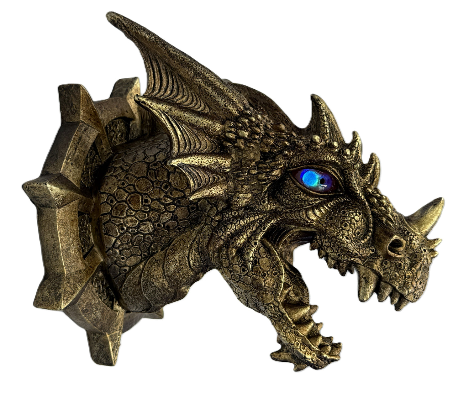 Dragon wall decor with LED eye glowing blue showing mystical fantasy effect
