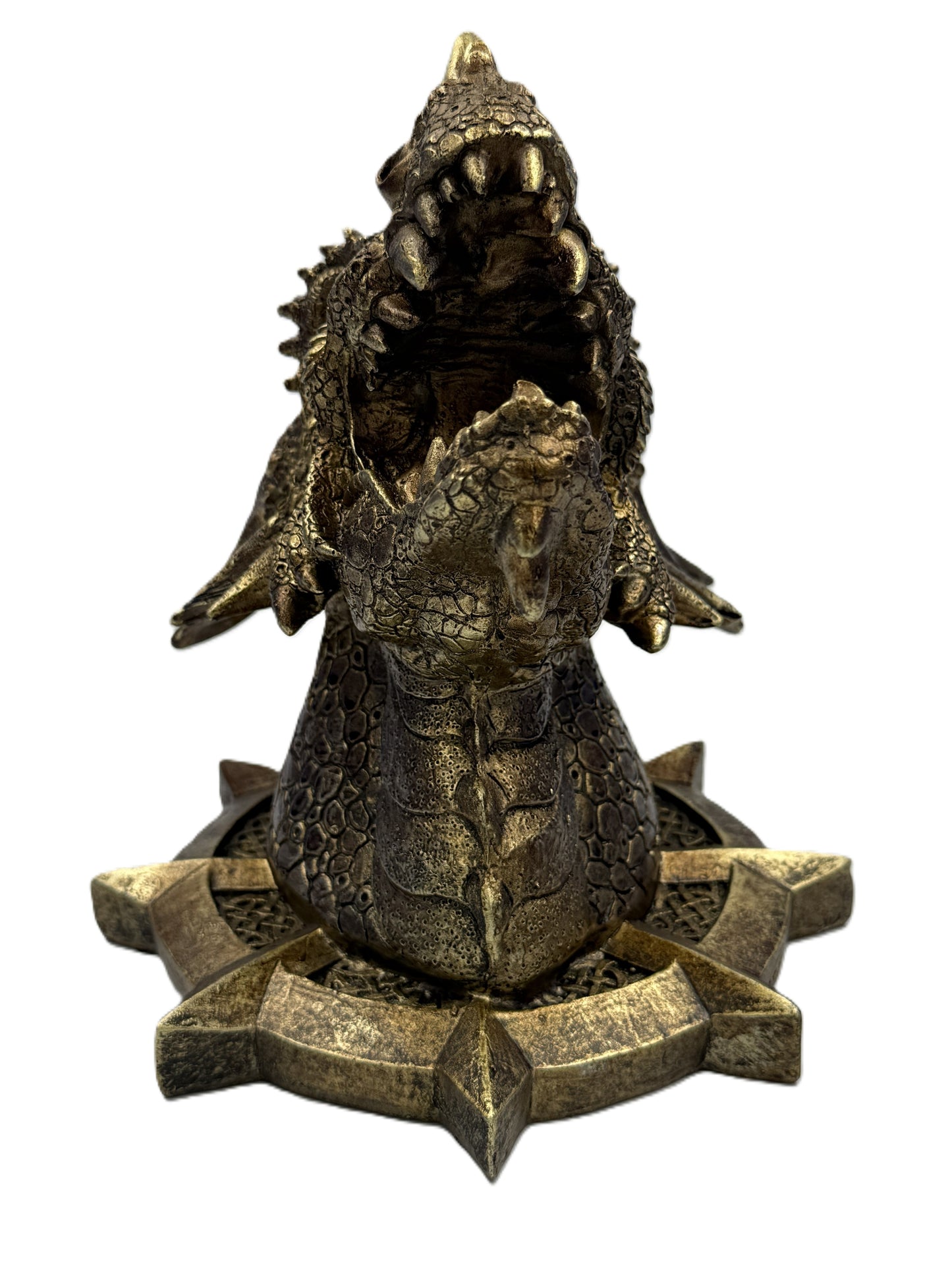 Front view of dragon wall plaque with open mouth and intricate sculpted details

