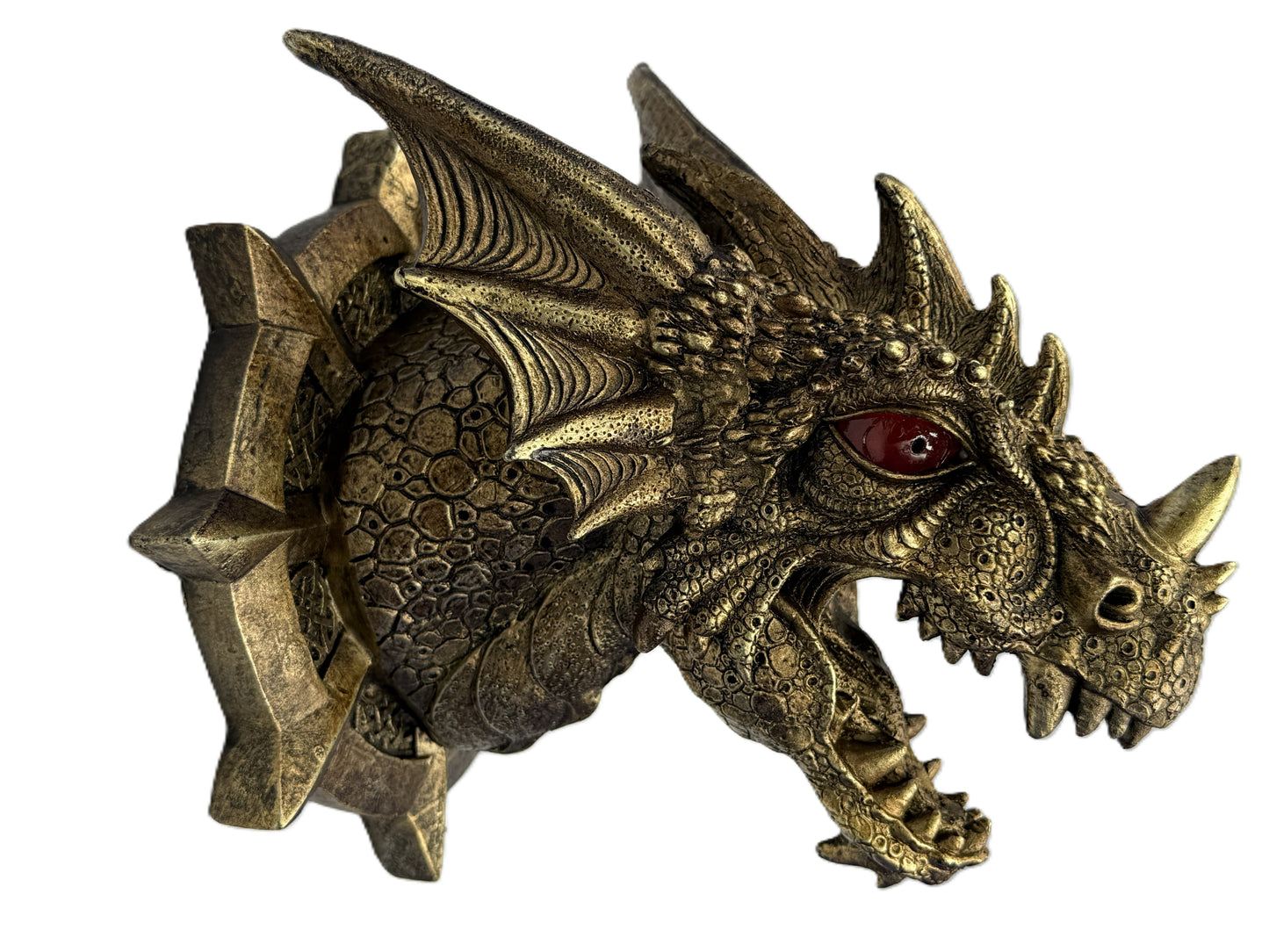 Front angled view of bronze dragon wall plaque with glowing red eye and detailed scales
