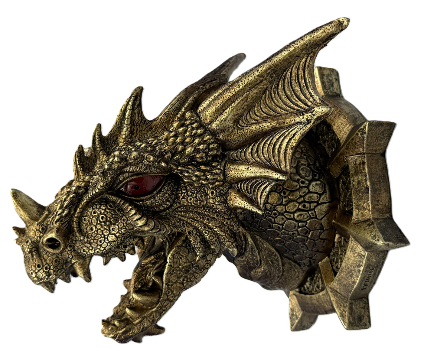 Side view of fantasy dragon head wall decor showing textured scales and wing details
