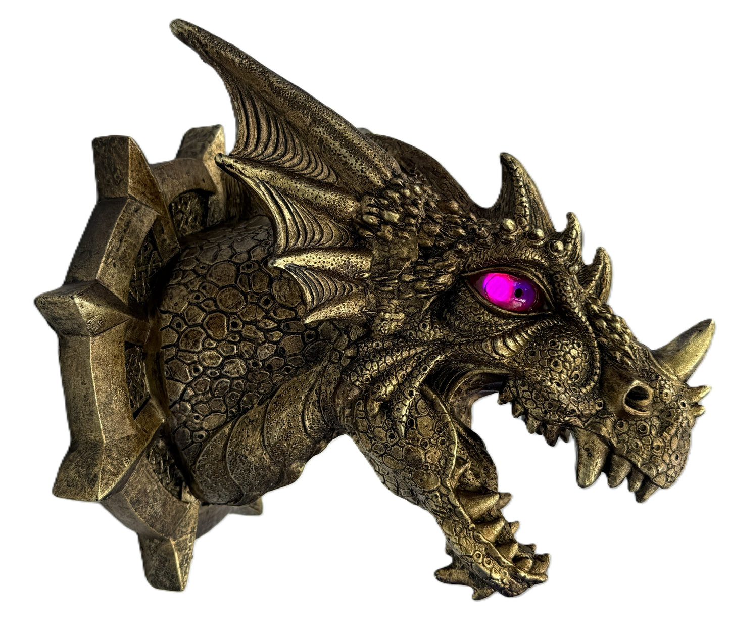 Dragon head plaque with LED eye glowing pink highlighting magical ambiance

