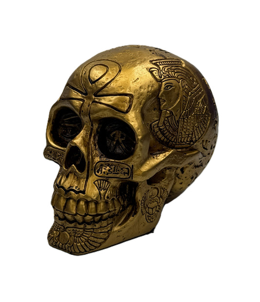 Front angled view of Egyptian skull resin statue with ankh symbol and detailed hieroglyph engravings in antique gold finish
