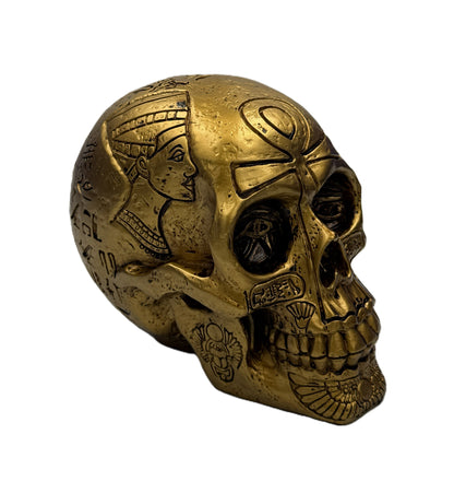 Side front view of Egyptian skull decor highlighting pharaoh engraving and Eye of Horus detail
