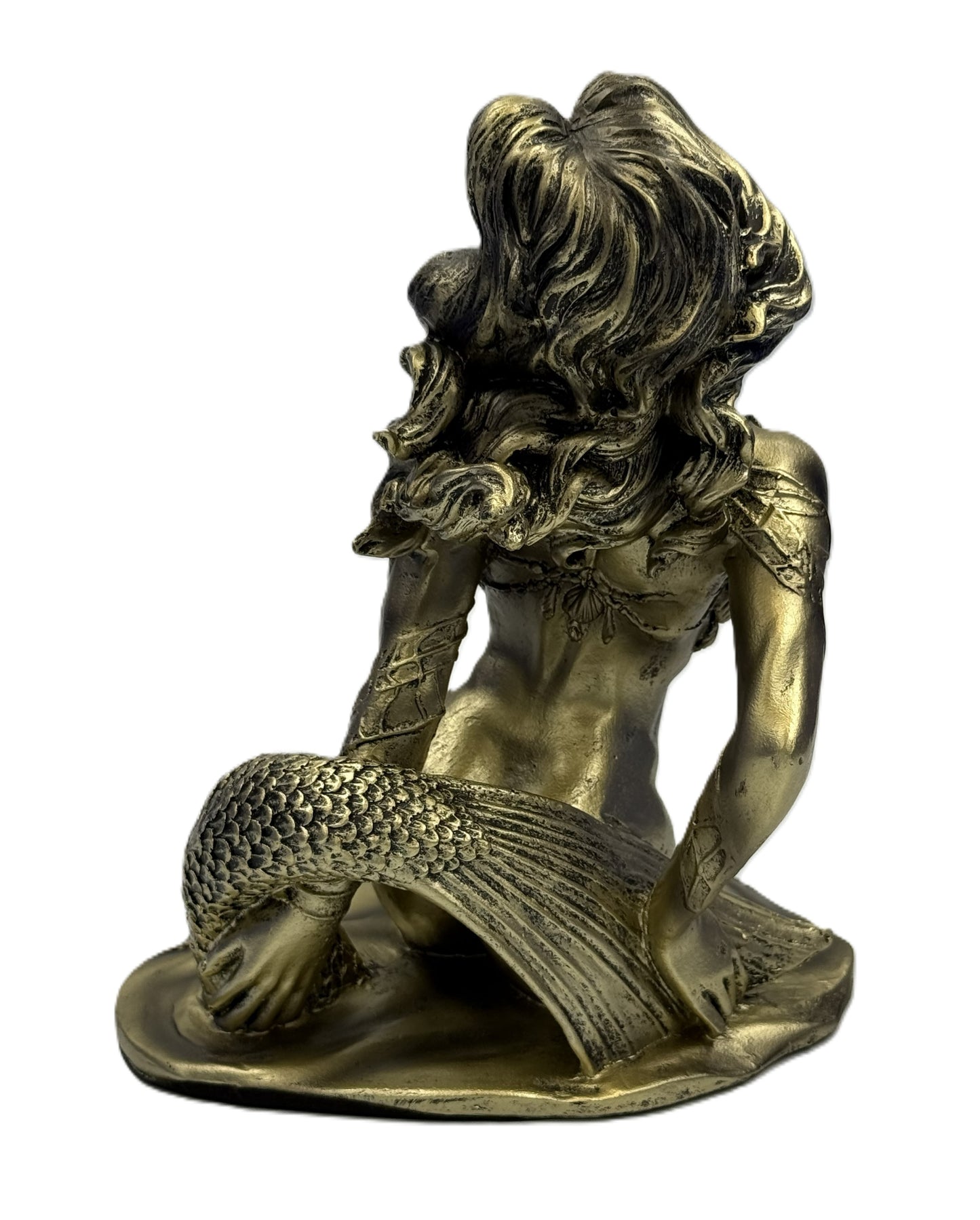 Back view of bronze mermaid statue highlighting detailed hair sculpt and fin texture
