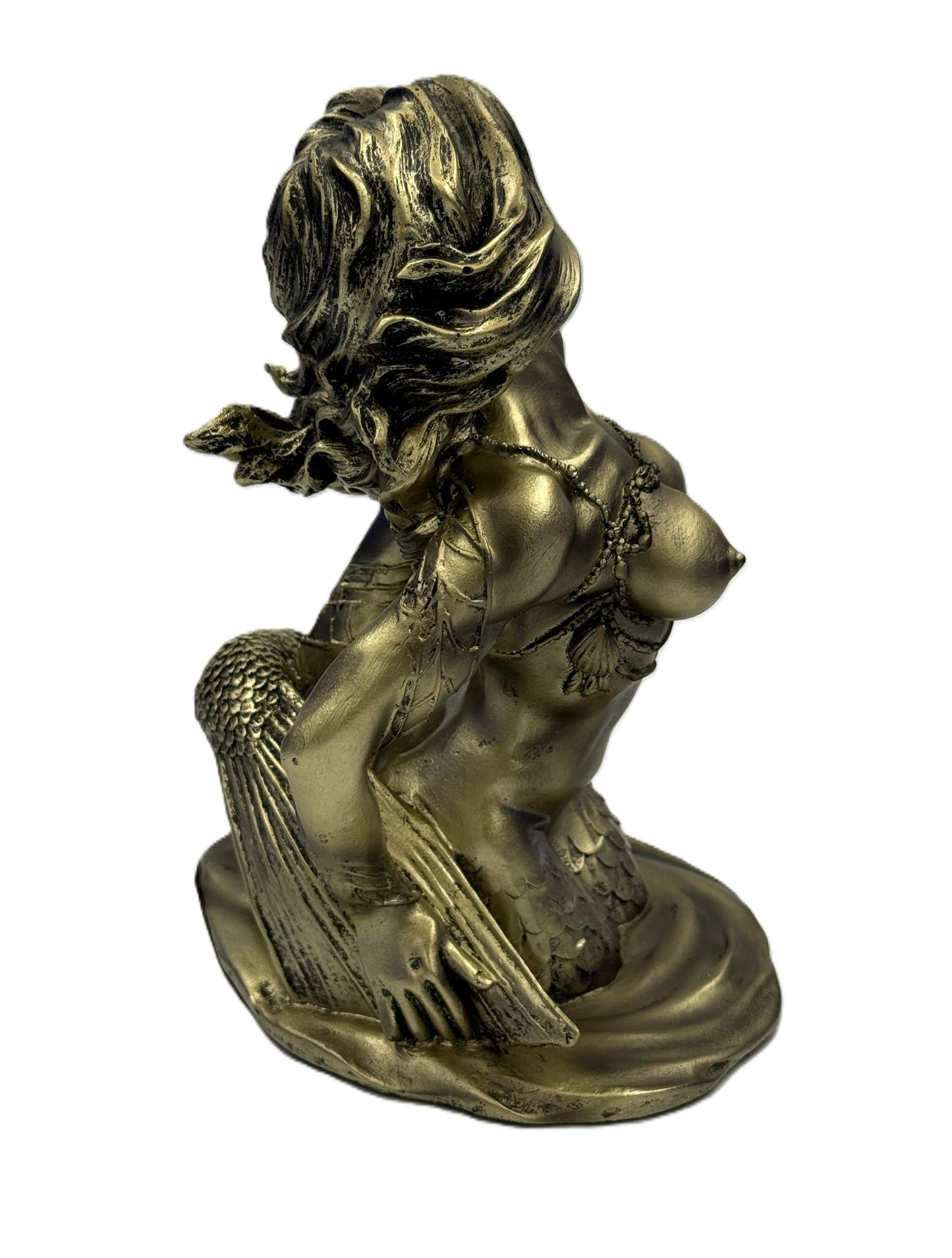 Right side view of ocean siren collectible statue showing curves and scale detailing
